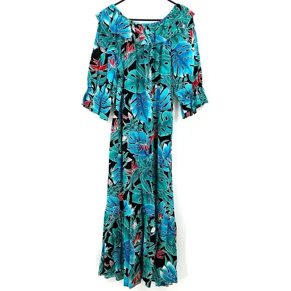 Hilo Hattie‎ Size L 3/4 Sleeve Boat Neck Long Dress Blue Tropical Print Casual - Picture 2 of 5